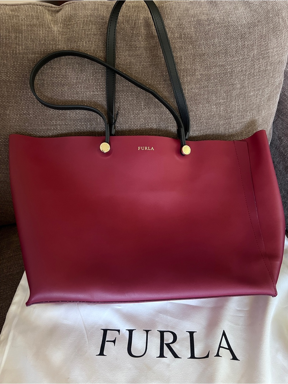 Furla Eden M Tote with Black Straps and Gold Accents Red